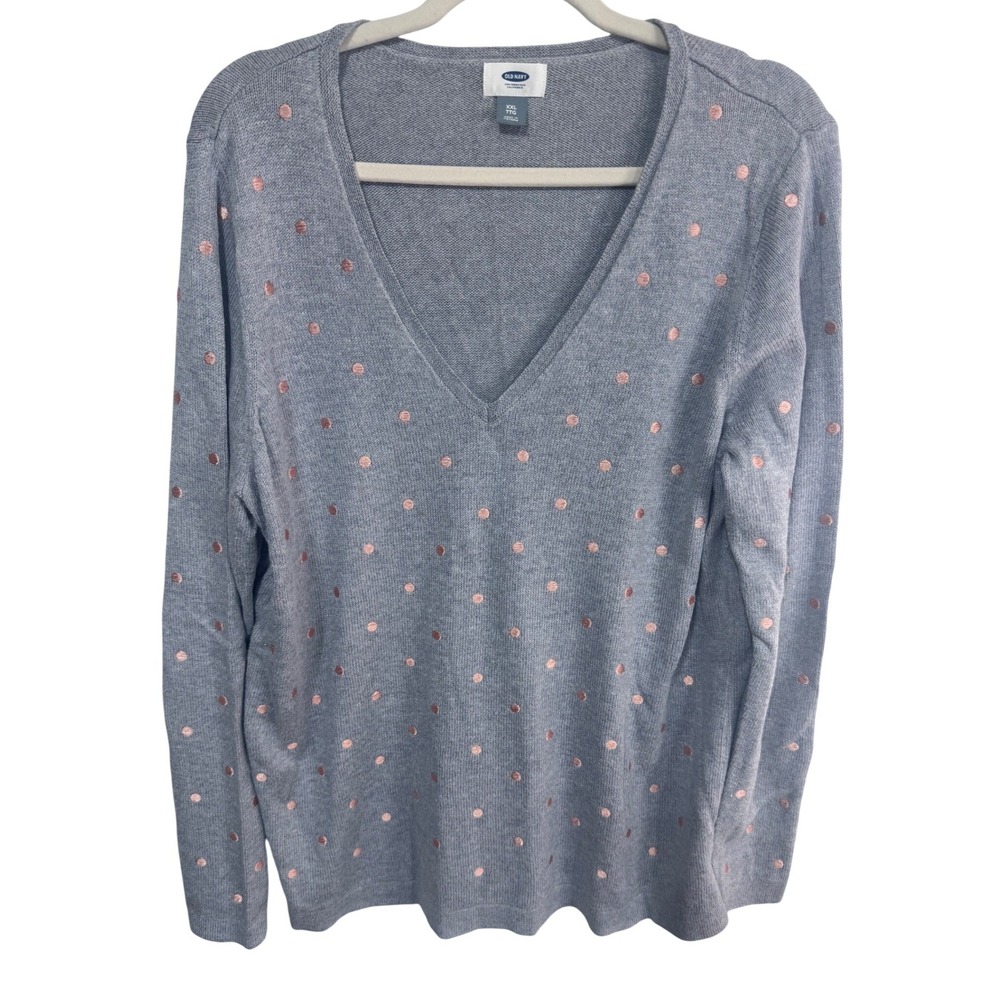 Old Navy XXL‎ Gray Polka Dot Sweater Women's V-Neck Long Sleeve Pullover